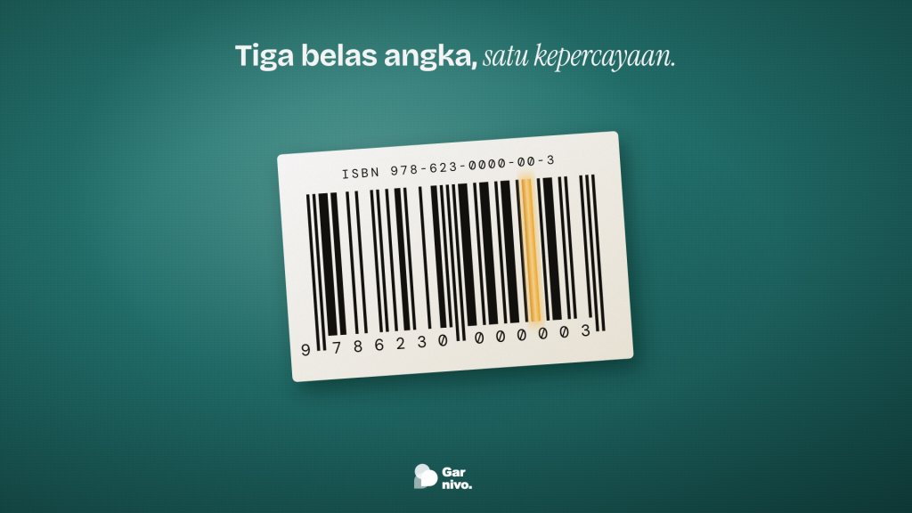 Stiker barkode ISBN buku di atas sampul kain teal, satu garis batang menyala amber di antara garis hitam lainnya.
