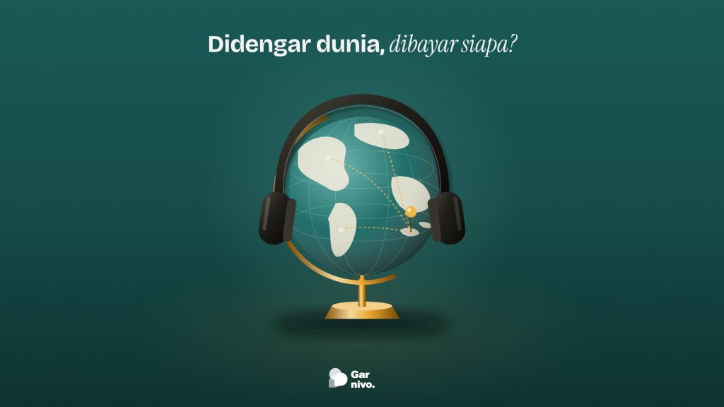 Bola dunia di dudukan kuningan dengan headphone tersampir, satu pin amber dihubungkan garis putus-putus ke tiga titik, latar teal gelap.