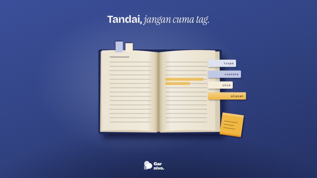 Buku terbuka dilihat dari atas di meja indigo, dengan penanda tempel berlabel trope, suasana, usia, dan alasan berwarna amber.