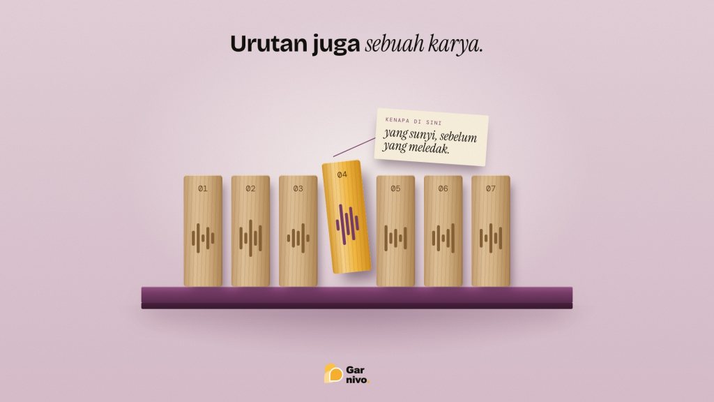 Tujuh balok kayu bernomor berderet di rak plum, satu balok amber miring dengan catatan kertas kecil yang menjelaskan alasan urutannya.