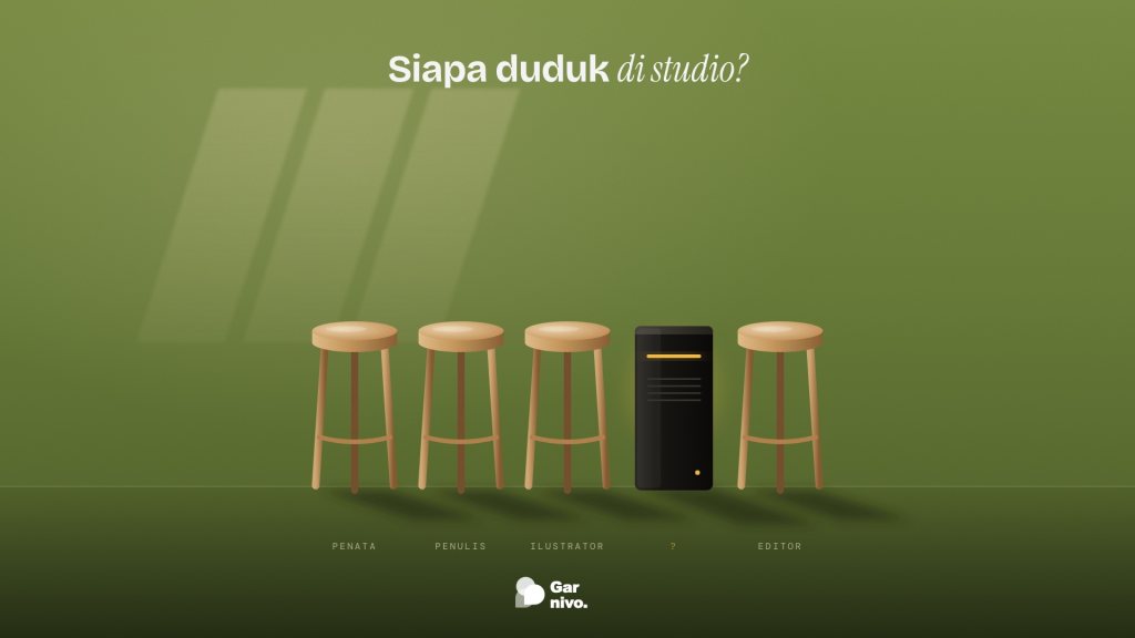 Deret bangku kayu studio berlabel penata, penulis, ilustrator, editor di dinding hijau lumut; satu posisi diganti kotak mesin hitam berlampu amber.