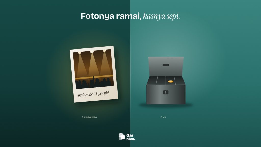 Bingkai terbelah: kiri foto instan panggung ramai bercahaya amber, kanan kotak kas logam terbuka berisi satu koin, latar teal.