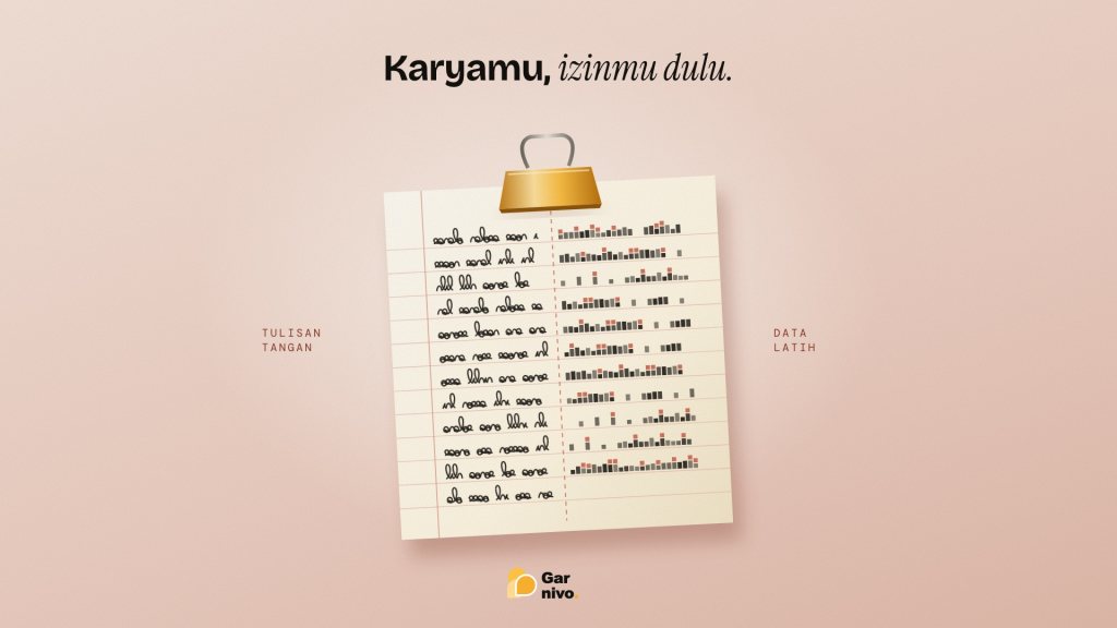 Selembar kertas bergaris dijepit klip amber; separuh kiri tulisan tangan, separuh kanan berubah jadi deretan piksel data latih, di latar merah muda terakota.