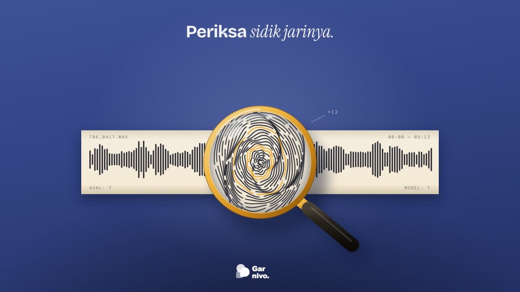 Kaca pembesar berbingkai amber di atas pita cetak gelombang suara; di dalam lensa gelombang berubah menjadi sidik jari, latar indigo.