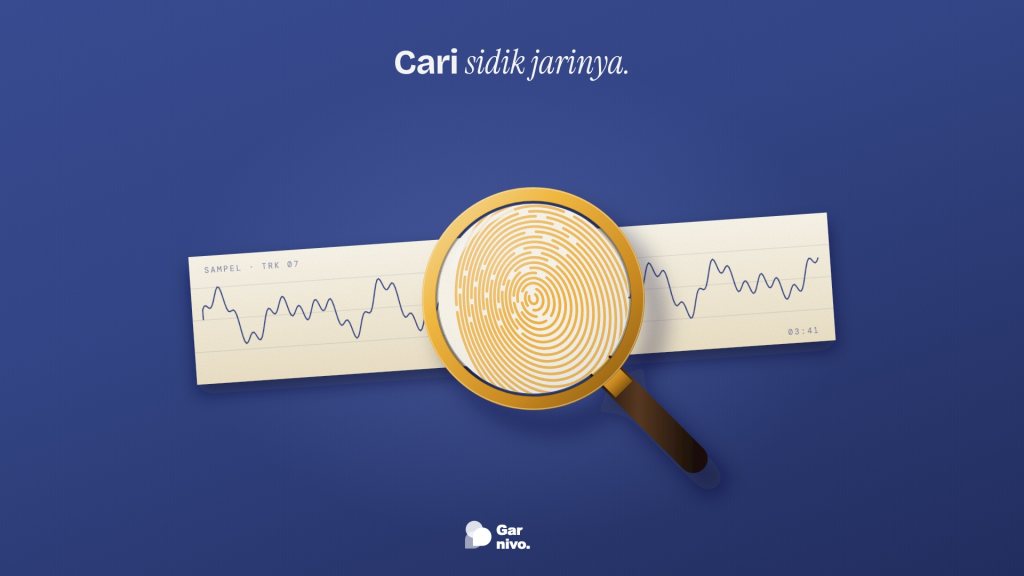 Kaca pembesar berbingkai amber di atas pita kertas cetak gelombang suara; di dalam lensa, gelombang berubah menjadi sidik jari amber.