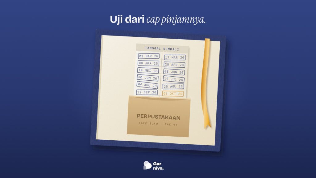 Sampul dalam buku dengan saku kertas dan kartu tanggal kembali penuh cap tinta indigo, satu cap terakhir amber, serta pita pembatas amber di atas kain indigo.
