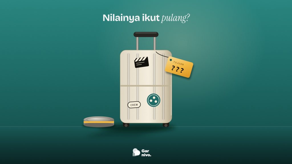 Koper kru film krem berstiker papan klap dan reel berdiri di ruang teal, dengan label bagasi amber bertuliskan tujuan dan tanda tanya, kaleng film di lantai.
