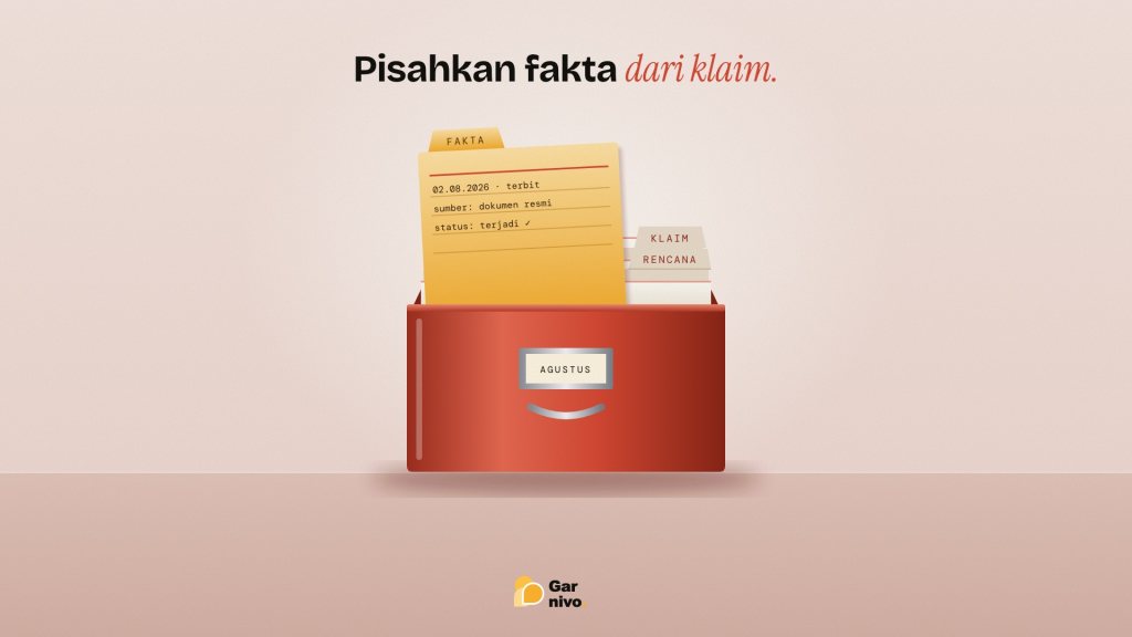 Kotak kartu indeks logam merah berlabel AGUSTUS; kartu amber bertab FAKTA ditarik ke atas, sementara tab RENCANA dan KLAIM tetap di belakang.
