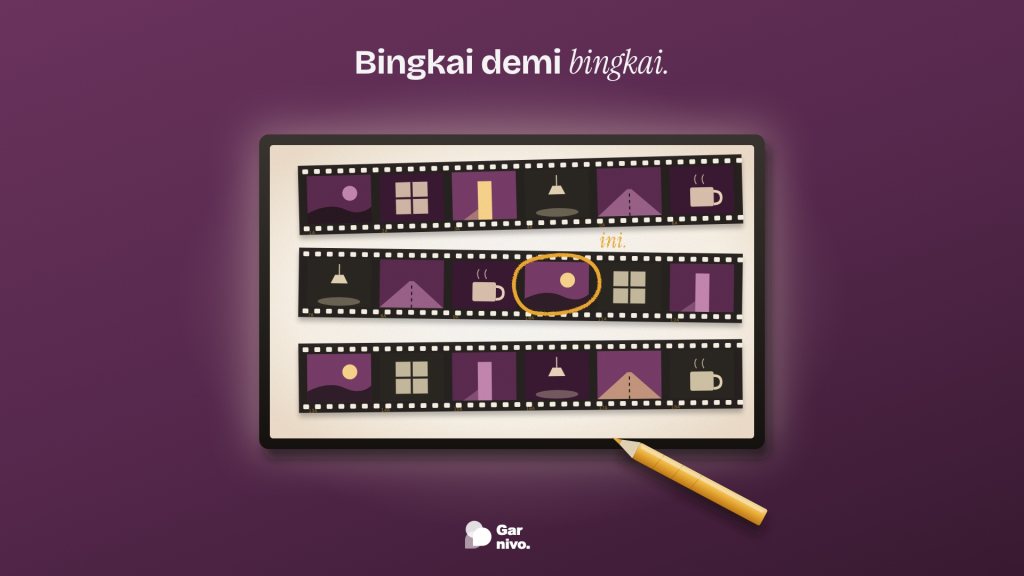 Kotak lampu menyala dengan tiga pita film berisi bingkai kecil, satu bingkai dilingkari pensil lilin amber bertulisan ini, latar plum.