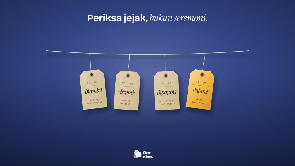 Empat label kertas tua tergantung pada tali di dinding indigo bertuliskan Diambil, Dijual, Dipajang, dan label amber terakhir Pulang.