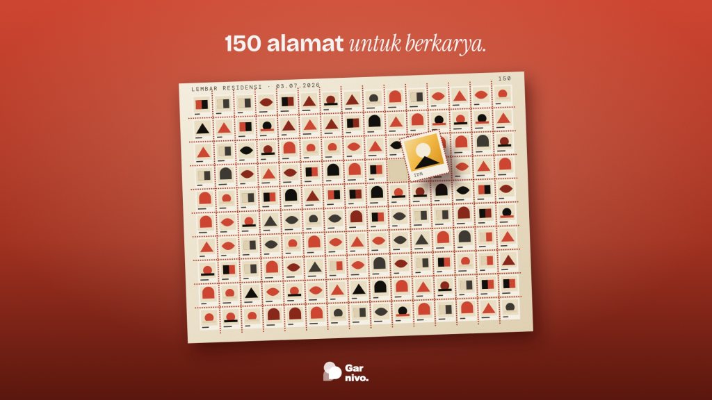 Lembar 150 prangko bermotif geometris merah dan hitam di latar merah, satu prangko amber terangkat dari tempatnya menyisakan petak kosong.