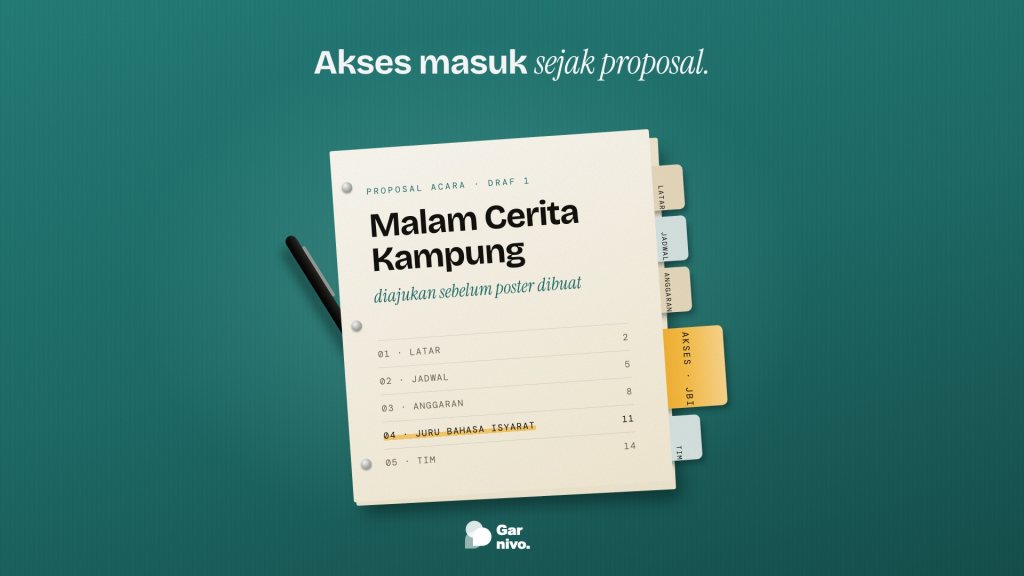 Map proposal acara di meja teal dengan tab pembatas di tepinya; tab amber terbesar bertuliskan akses JBI dan daftar isinya menandai juru bahasa isyarat.