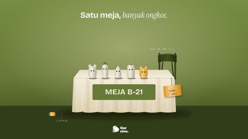 Meja pameran bertaplak krem bernomor B-21 dengan lima figur kecil, satu amber, kartu sewa amber, kursi penjaga, dan steker listrik di ruang hijau lumut.
