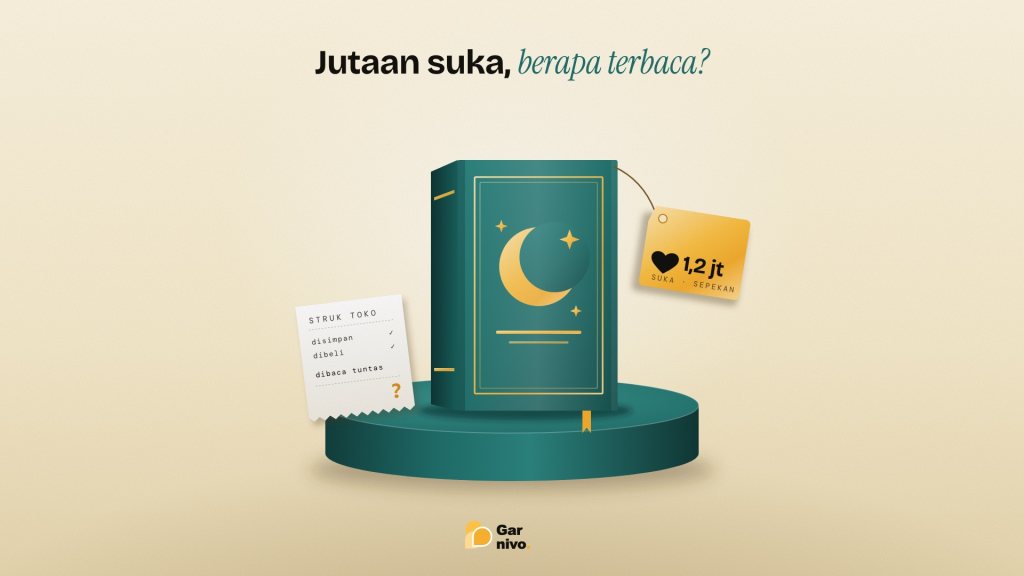 Novel bersampul teal berdiri di alas, digantungi label amber 1,2 jt suka, di sebelahnya struk toko dengan tanda tanya pada baris dibaca tuntas.