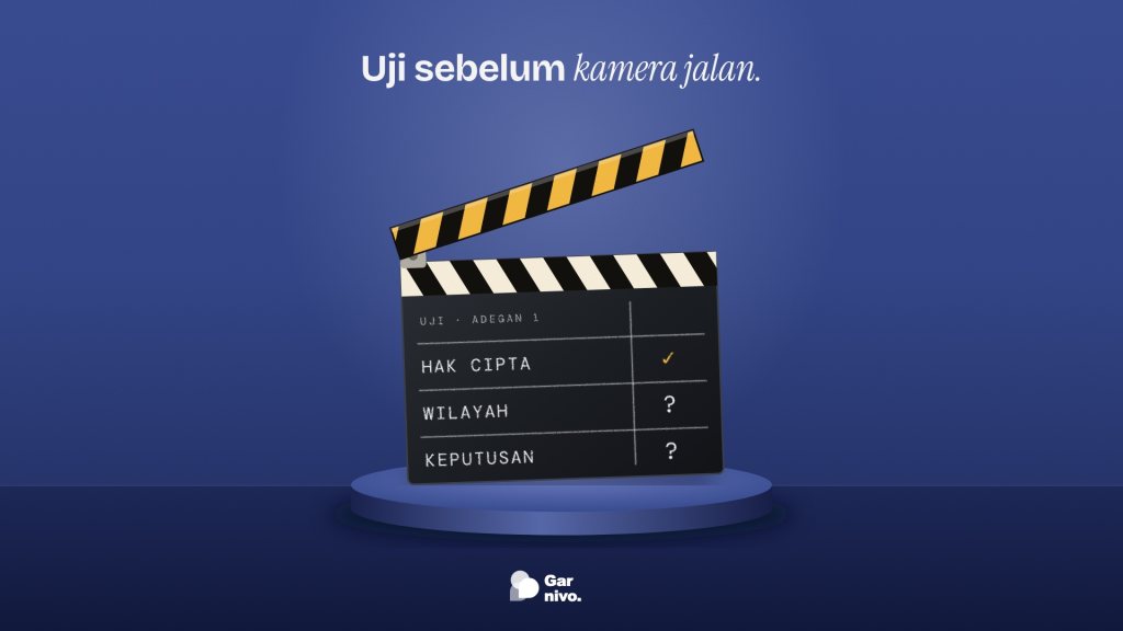 Papan klap film bergaris amber di atas alas indigo, papan kapurnya berisi daftar uji hak cipta yang dicentang serta wilayah dan keputusan yang bertanda tanya.