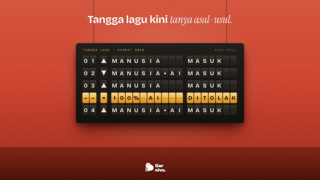 Papan huruf balik bergaya bandara bertuliskan tangga lagu; satu baris amber berbunyi 100% AI ditolak, berlatar dinding merah.
