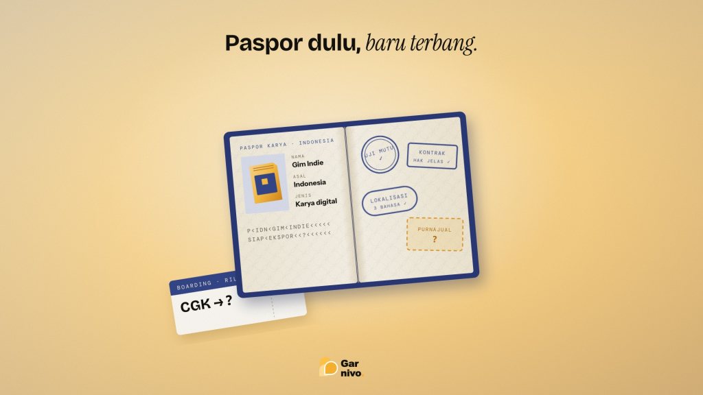 Paspor indigo terbuka berfoto kartrid gim, halaman kanan penuh cap uji mutu, kontrak, lokalisasi, dan satu kotak amber Purnajual yang masih kosong.