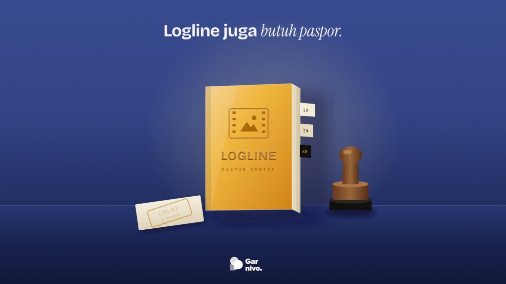 Buku amber bertuliskan Logline, Paspor Cerita berdiri di lantai indigo dengan tab ID, IN, KR, stempel kayu di kanan dan kartu bercap Lolos.