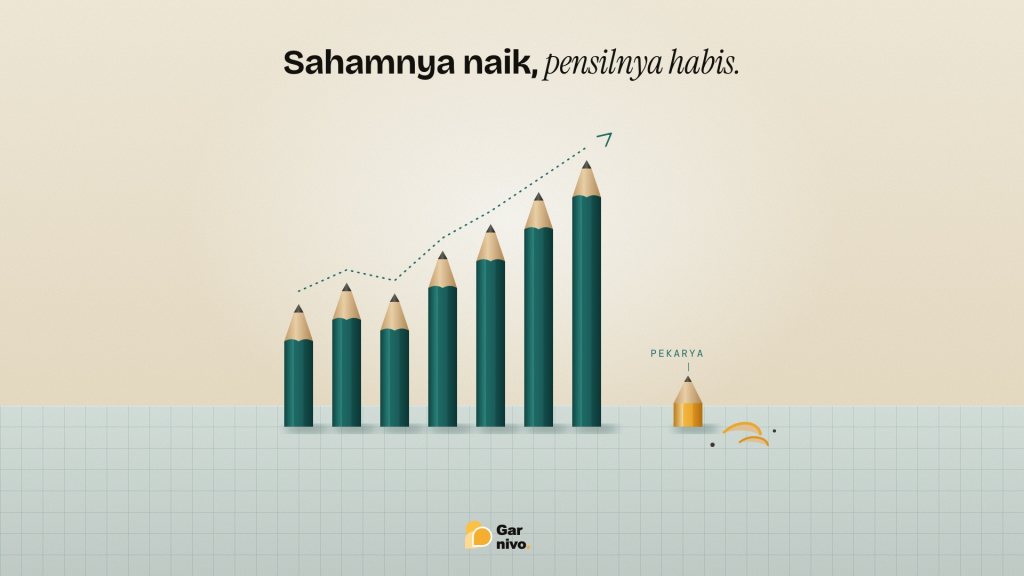Deretan pensil teal berdiri makin tinggi membentuk grafik saham naik, sementara pensil amber di ujung tinggal puntung pendek berlabel pekarya dengan serutan.