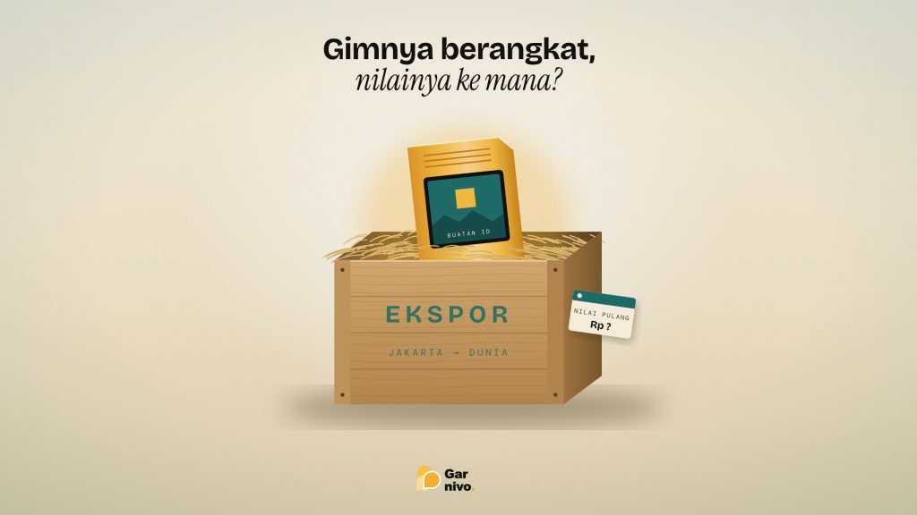 Kartrid gim amber bercahaya mencuat dari peti kayu berjerami bertuliskan Ekspor, dengan label gantung Nilai Pulang Rp ? di latar krem.