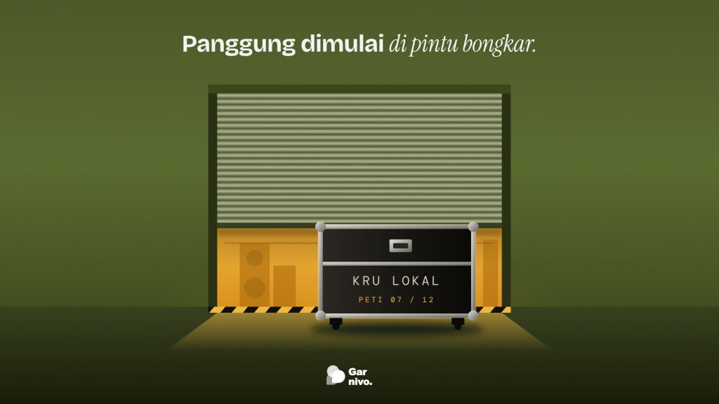 Peti panggung hitam bertuliskan Kru Lokal di depan pintu gulung setengah terbuka, cahaya amber dari dalam tumpah ke lantai, dinding hijau lumut.