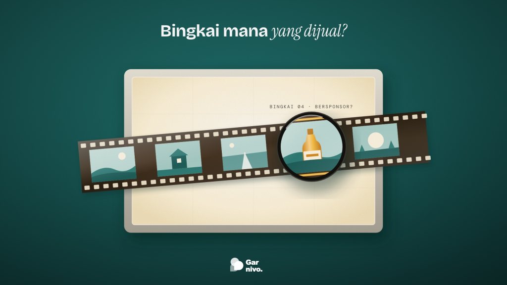 Pita film di atas kotak cahaya berlatar teal; satu bingkai berisi botol amber diperbesar kaca pembesar dengan catatan bingkai 04 bersponsor.