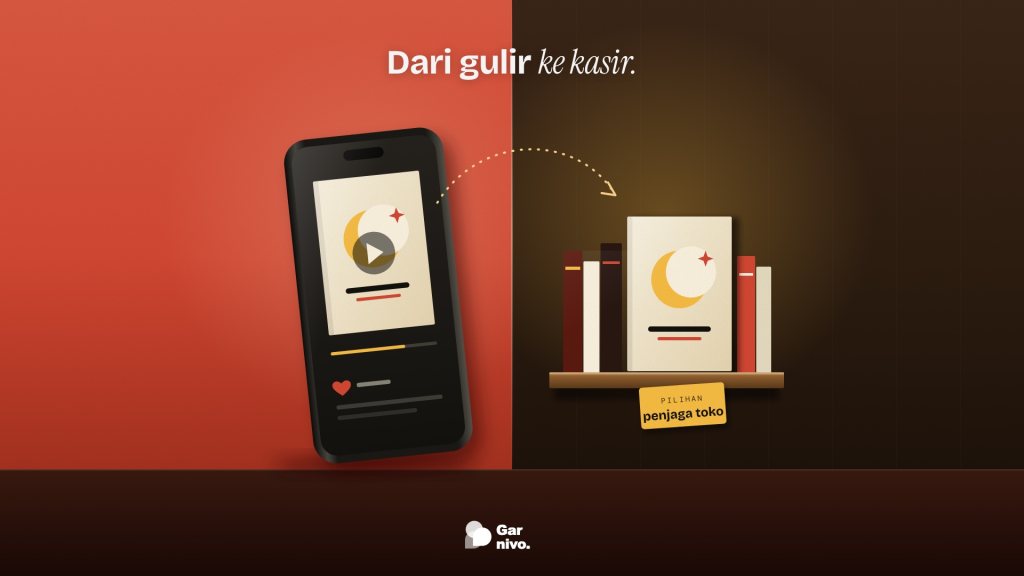 Bingkai terbelah: ponsel generik menampilkan sampul buku di sisi merah, garis putus-putus menuju buku yang sama di rak kayu berlabel amber.