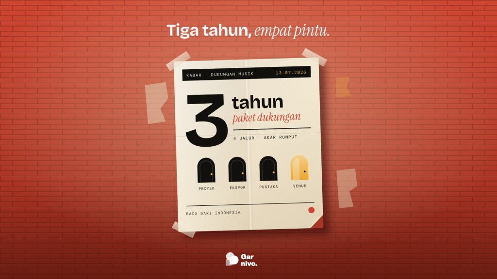Poster krem ditempel selotip di dinding bata merah, berangka besar 3 tahun dan empat ikon pintu; satu pintu amber bertanda venue.