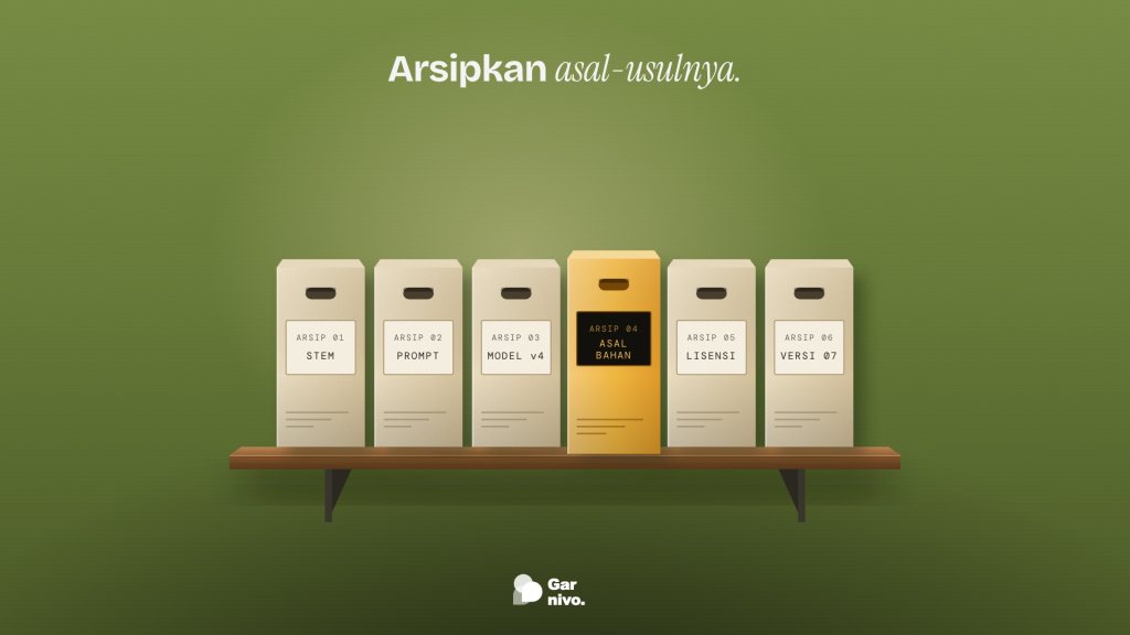 Deretan kotak arsip krem berlabel stem, prompt, model, lisensi di rak kayu; satu kotak amber bertuliskan Asal Bahan menonjol, dinding hijau lumut.