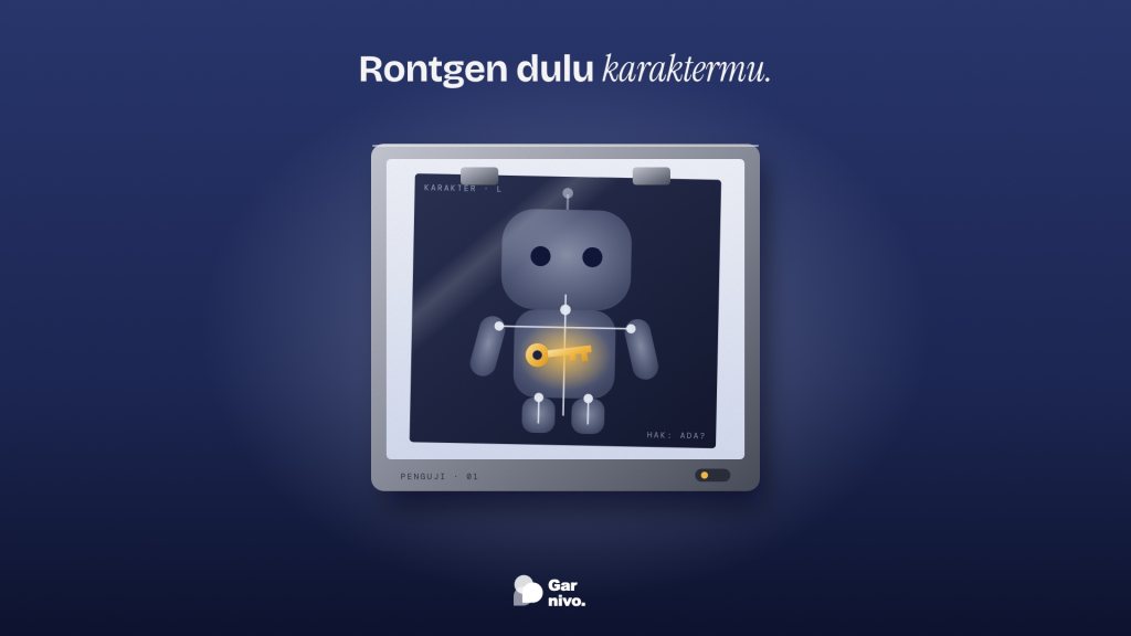 Kotak lampu rontgen memperlihatkan film figur mainan dengan rangka sendi bercahaya dan sebuah kunci amber di dadanya, di ruang nila gelap.