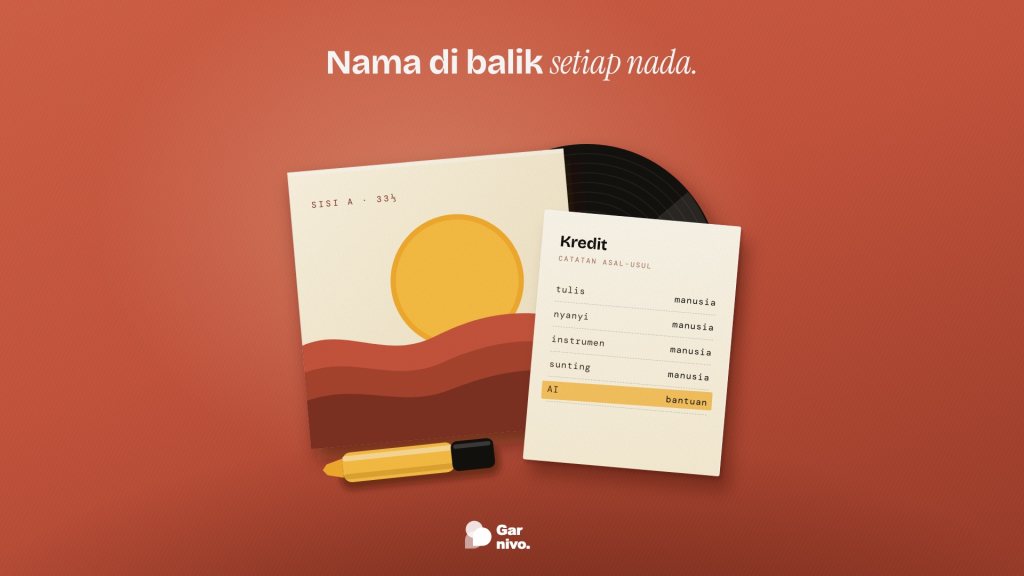 Flat lay di alas terakota: sampul piringan hitam dan kartu daftar peran pembuat lagu, dengan baris AI ditandai stabilo amber.
