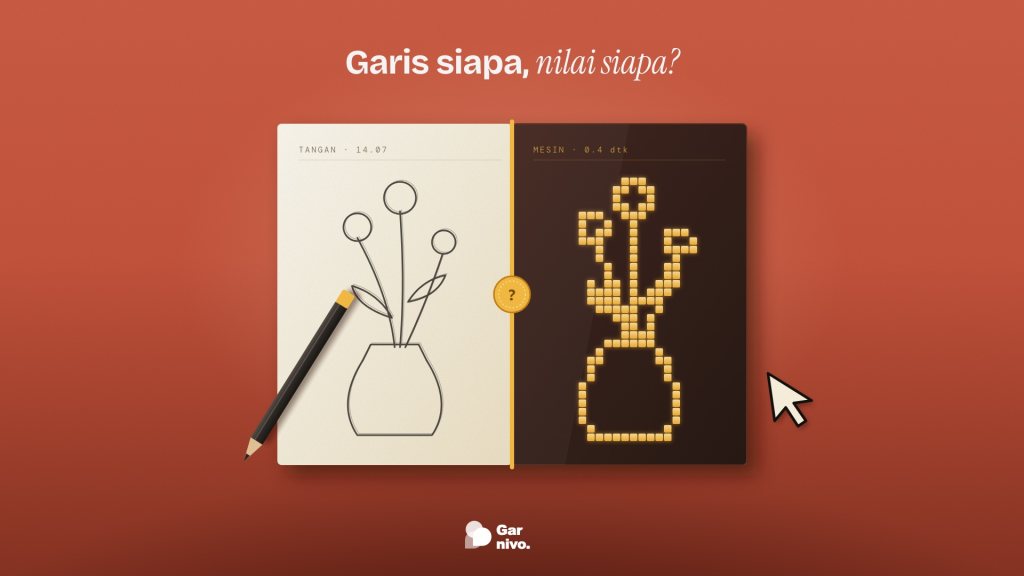 Lembar terbelah dua di latar terakota: kiri sketsa pensil vas bunga di kertas, kanan versi piksel amber di layar gelap, dijahit garis amber bertanda tanya.