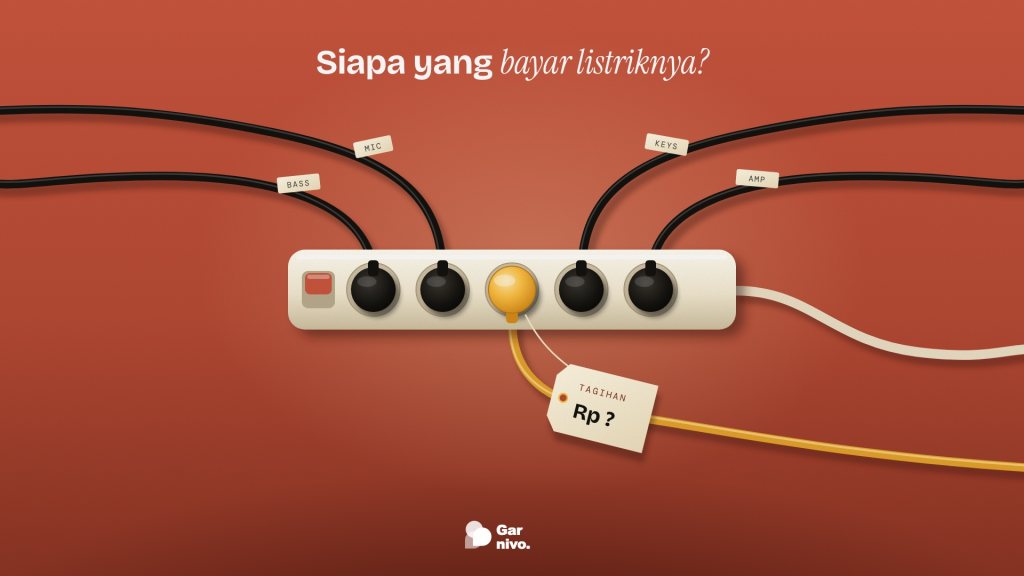 Stopkontak penuh steker kabel instrumen di meja terakota; satu steker amber membawa label kertas bertuliskan tagihan dengan nominal tanda tanya.