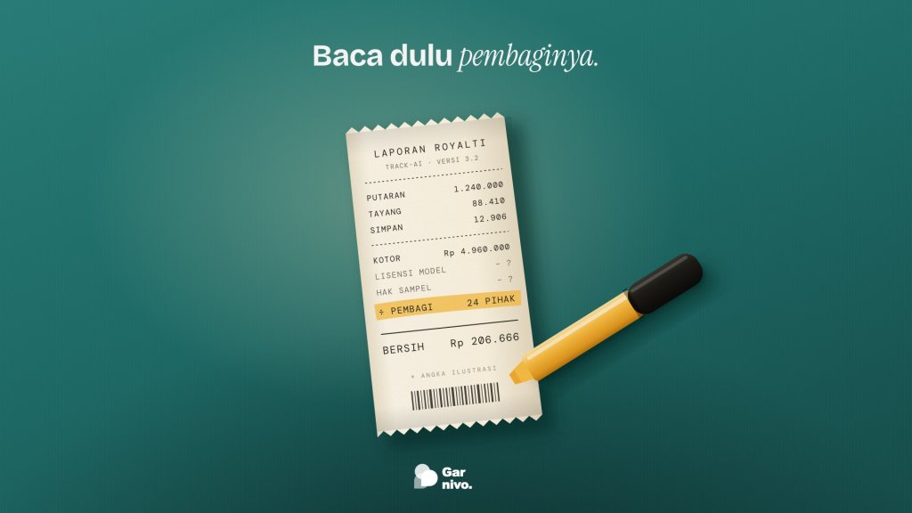 Struk laporan royalti lagu AI di atas meja teal, baris pembagi 24 pihak disorot spidol amber yang tergeletak di sampingnya.