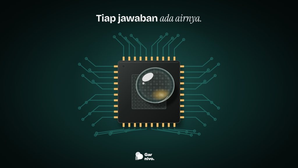 Makro sebuah cip prosesor hitam berkaki amber di papan sirkuit teal gelap, dengan setetes air bening besar di atasnya yang memantulkan kilau amber.
