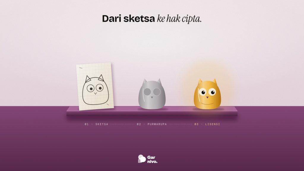 Rak plum berisi tiga tahap karakter burung hantu orisinal: sketsa di kertas, purwarupa resin abu-abu, dan figur jadi berwarna amber yang bersinar.