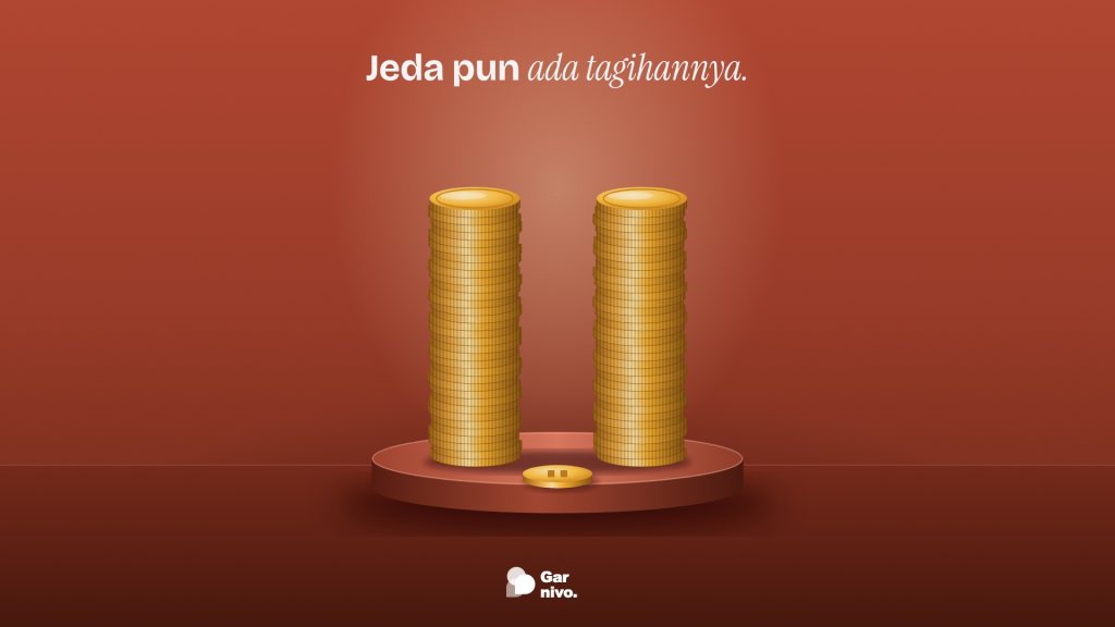 Dua tumpukan tinggi koin amber membentuk simbol jeda di atas alas terakota, satu koin bercap tanda jeda rebah di depannya.