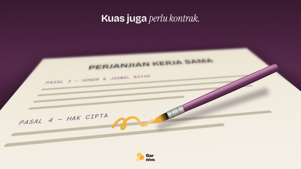 Bidikan dekat kuas plum dengan ujung bercat amber menggoreskan tanda tangan di atas lembar perjanjian kerja sama yang memudar ke kejauhan.